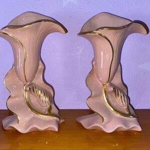VINTAGE pink Calla Lily Vases Vase trimmed gold color SET OF 2 RARE Mid Century